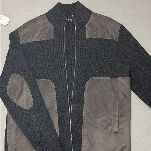 Hugo Boss Grey Knit  and Suede Zip-Up Sweater - Picture 1 of 5